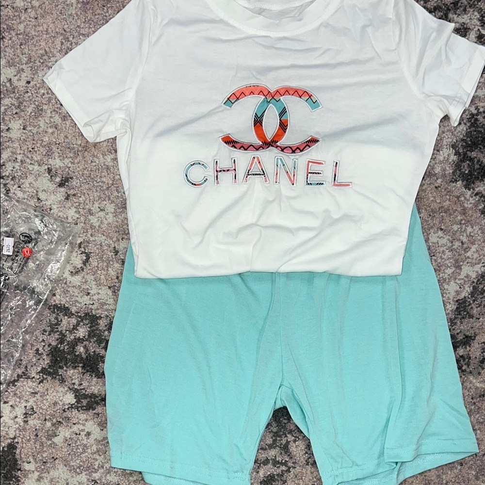 Womens 2 piece CC alike White and Aqua Outfit